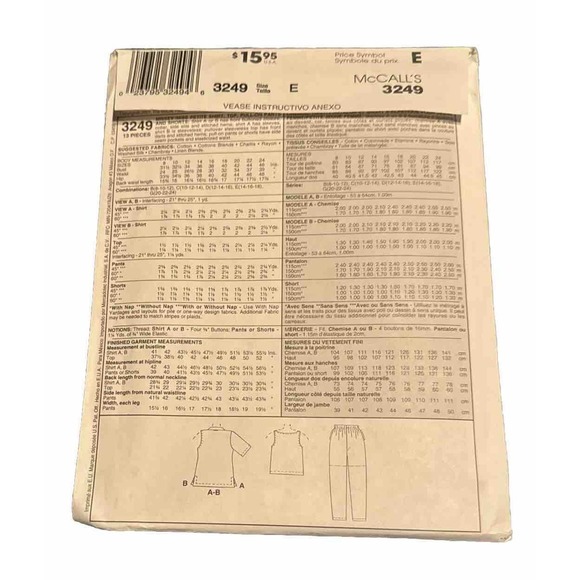 McCalls 3249 Sewing Pattern NEW UNCUT Shirt Pants Top Shorts Size 14 16 18 - Picture 3 of 3